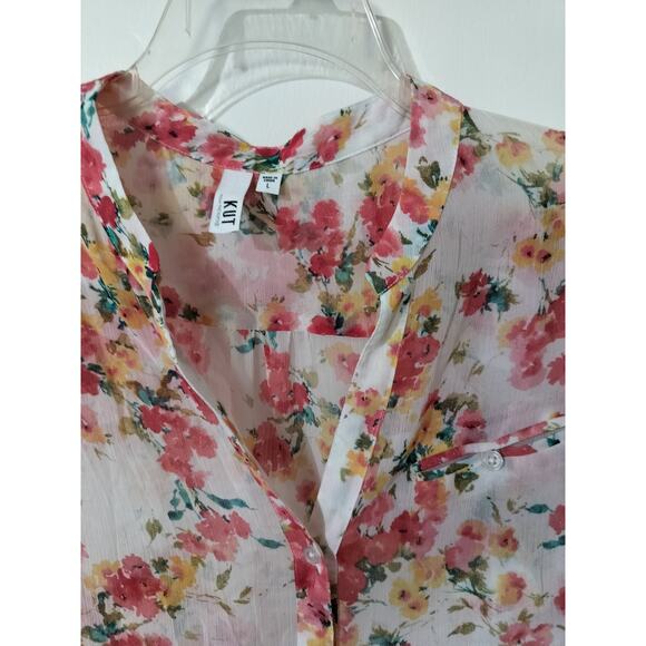 3460) Kut From The Kloth Jasmine Chiffon Semi Sheer Floral Pink Tunic Blouse L - Picture 5 of 9
